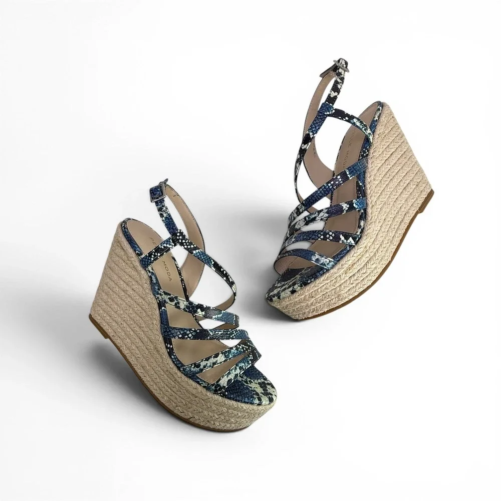 Pelle Moda Espadrille Wedge Sandals Platform Strappy Womens 6.5 M Blue Snakeskin